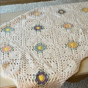 Handmade Crochet Baby Blanket Afghan with Floral Accents LIKE NEW
